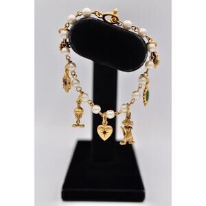 Vintage Warner Bros Tweety Sylvester Charm Bracelet Pearl Gold Signed BinBR